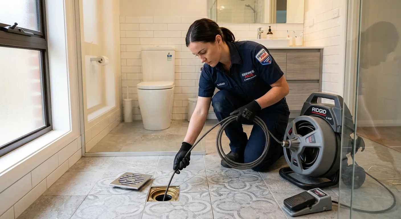 Technician clearing a bathroom floor drain for Drain Cleaning in Summit